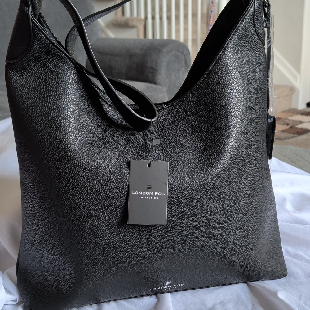 London Fog Black Pebbled Hobo Tote